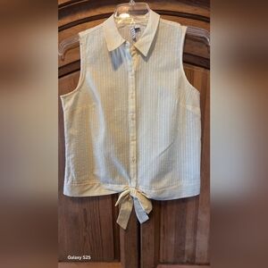 ELLE Women’s Yellow White Stripe Sleeveless Button-Up Blouse Shirt Tie Waist SM